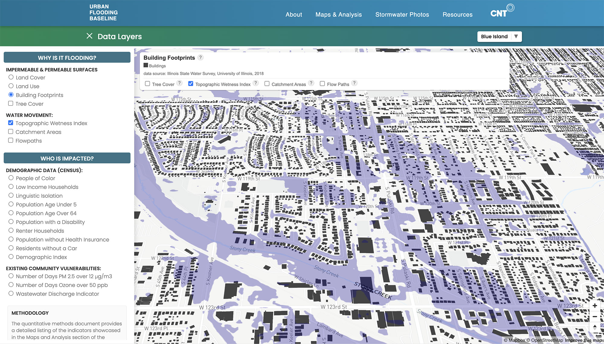 Screenshot of map visualizing depressed land areas in the Calumet Region of Cook County