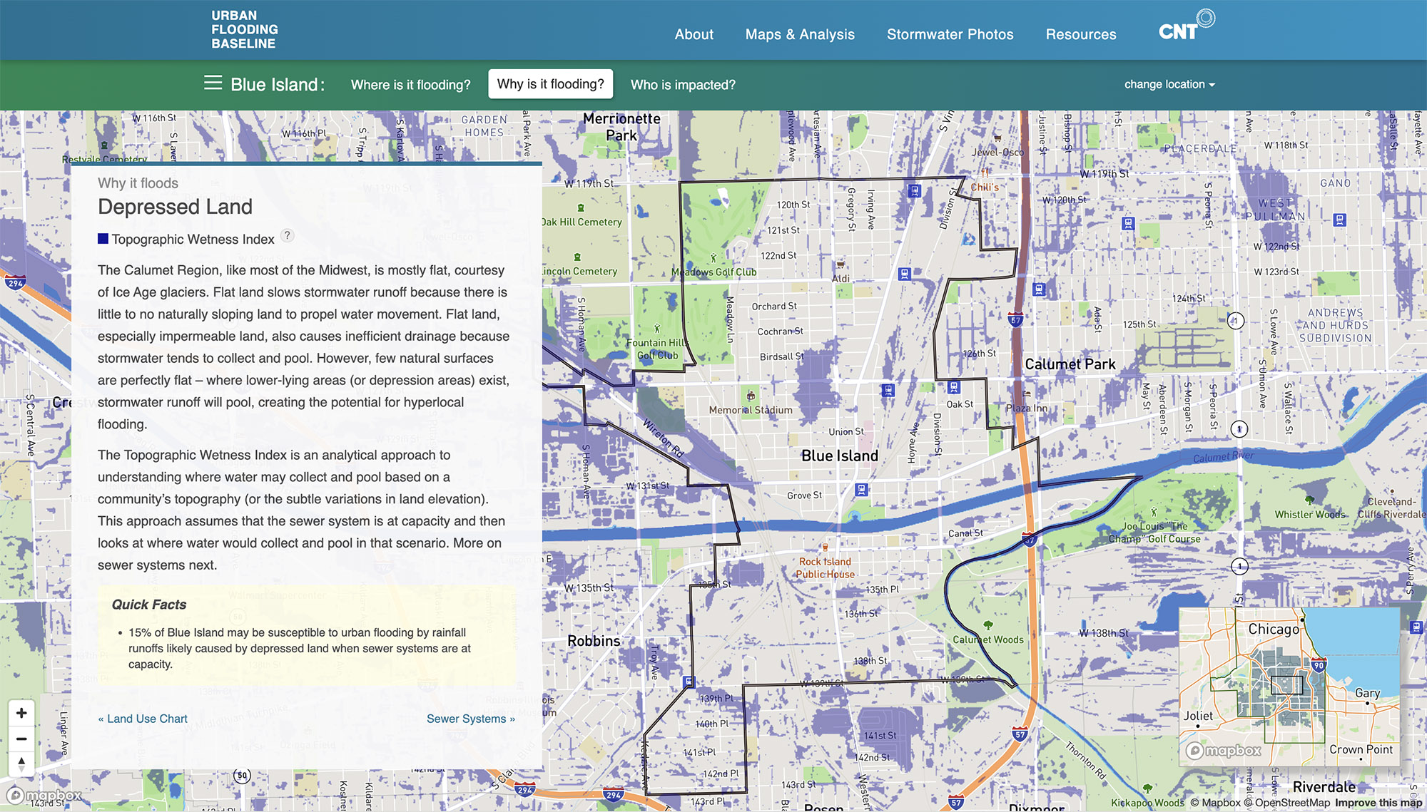 Screenshot of storymap visualizing depressed land areas in the Calumet Region of Cook County