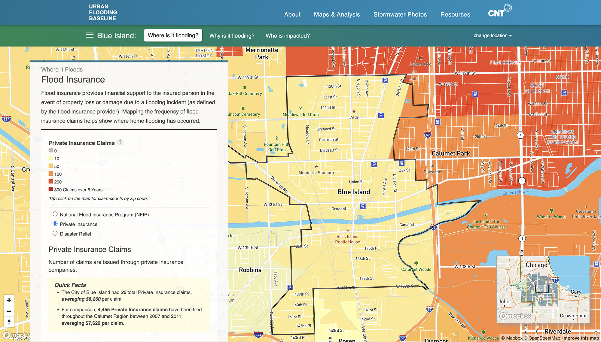 screenshot of flood insurance data spatially mapped in the Calumet region of Cook County